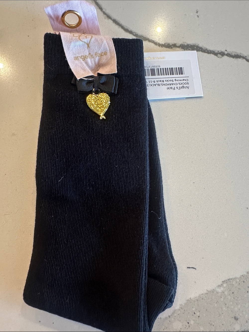 Angel’s Face Girls' Black Crew Socks with Gold Heart Charm